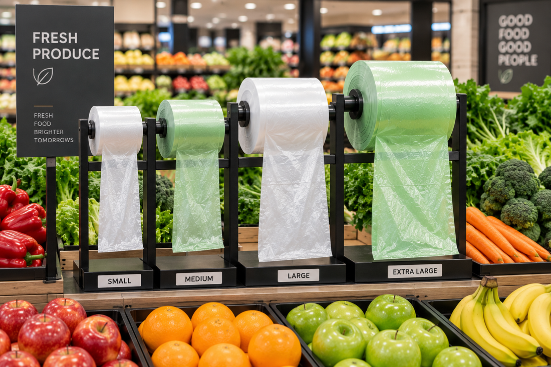 Roll bags for fruit vegetables and fresh produce in a supermarket produce section