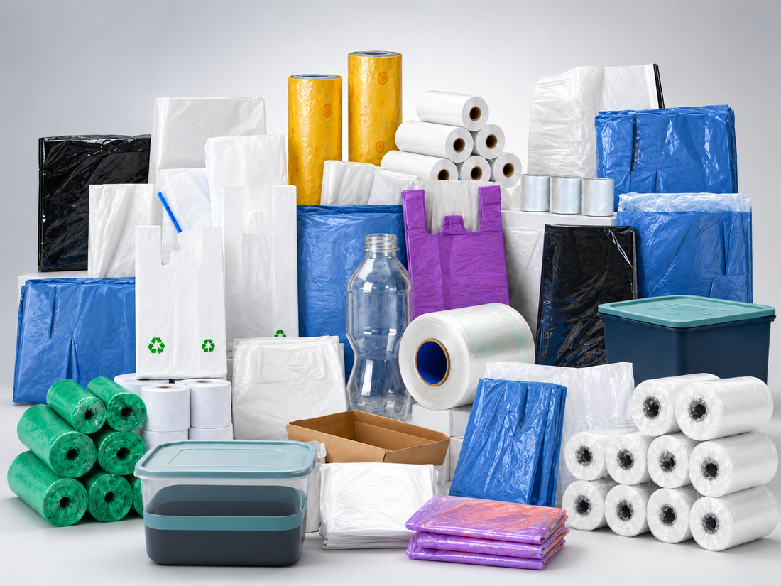Wholesale food packaging supplies in a modern warehouse, including freezer bags, carry bags, garbage bags, food wrap rolls and thermal paper rolls.