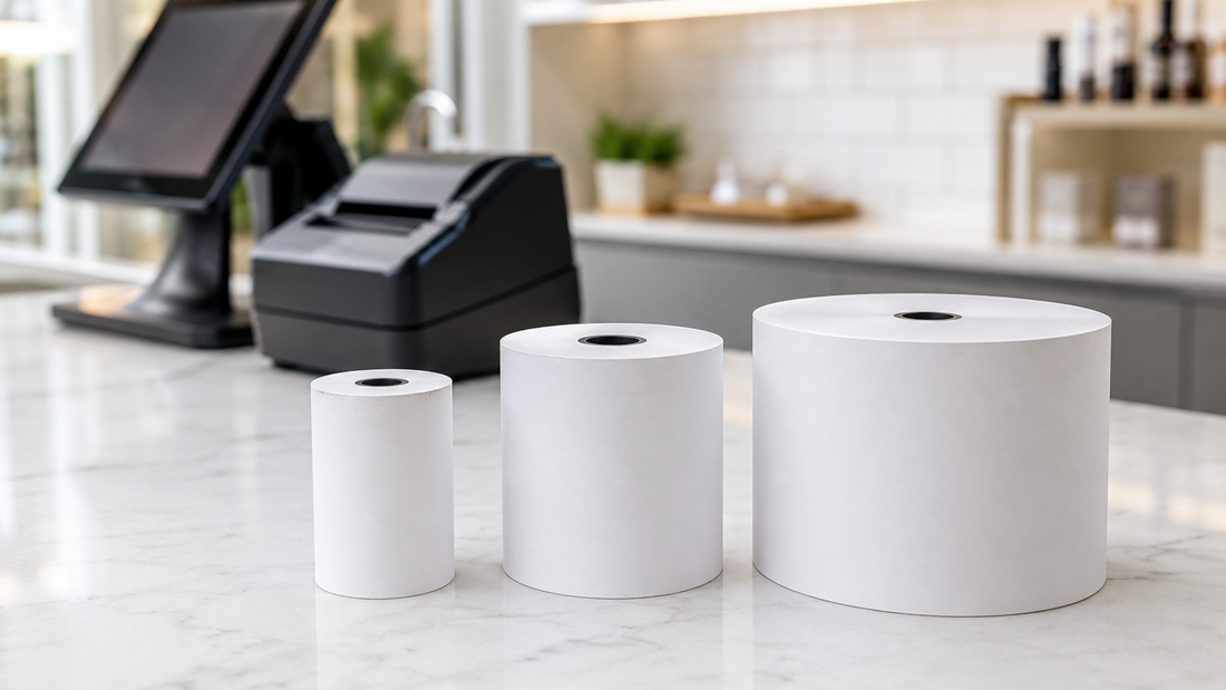 Thermal paper rolls for POS and receipt printers in 57×38mm, 57×57mm and 80×80mm sizes