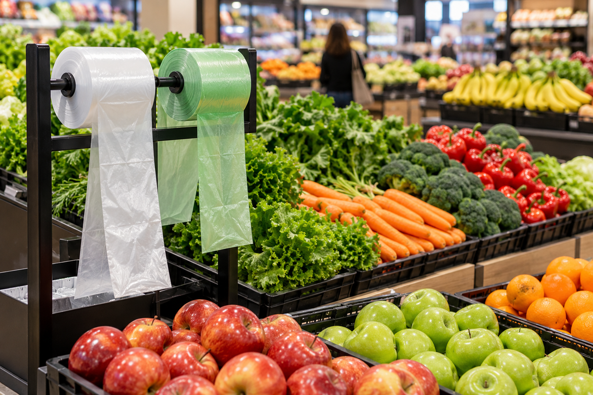 Roll bags for supermarkets and grocery stores used for fresh fruit and vegetable produce packaging