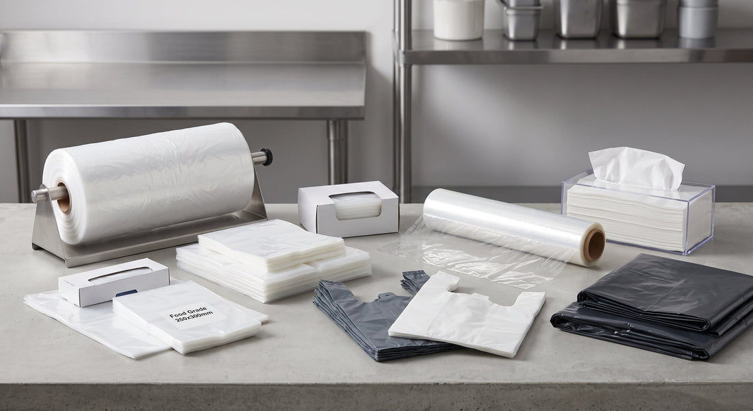 Assorted bulk commercial food packaging supplies including clear meat film wrap, produce roll bags, folded freezer bags, and black heavy-duty garbage bags on a stainless steel restaurant prep table.