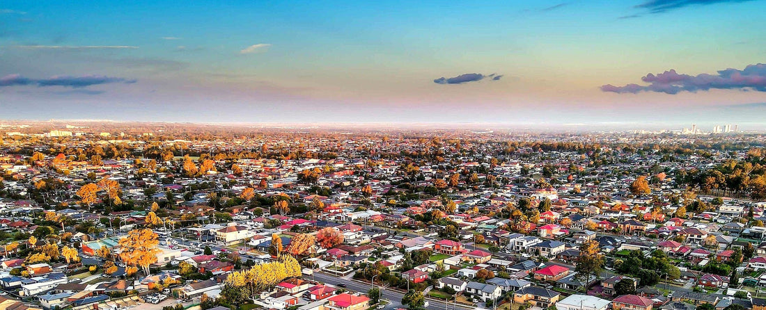 Southwestern Sydney aerial view map, with the Fairfield skyline on the far left and the Liverpool skyline on the far right.