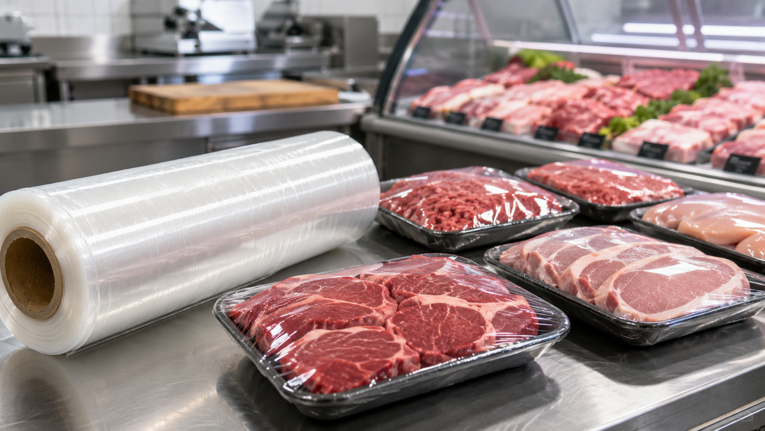 Clear commercial meat film wrap for butcher shops, meat trays and food businesses in Australia