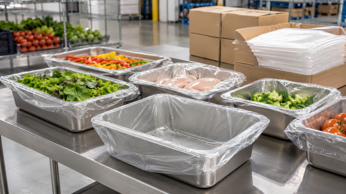 Clear tray liner bags used in commercial food preparation trays and containers