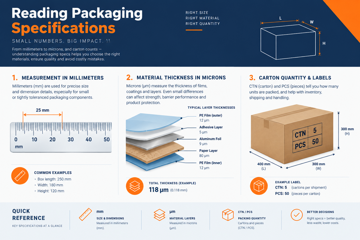 How to Read Packaging Specs: Microns, mm & PCS/CTN Explained