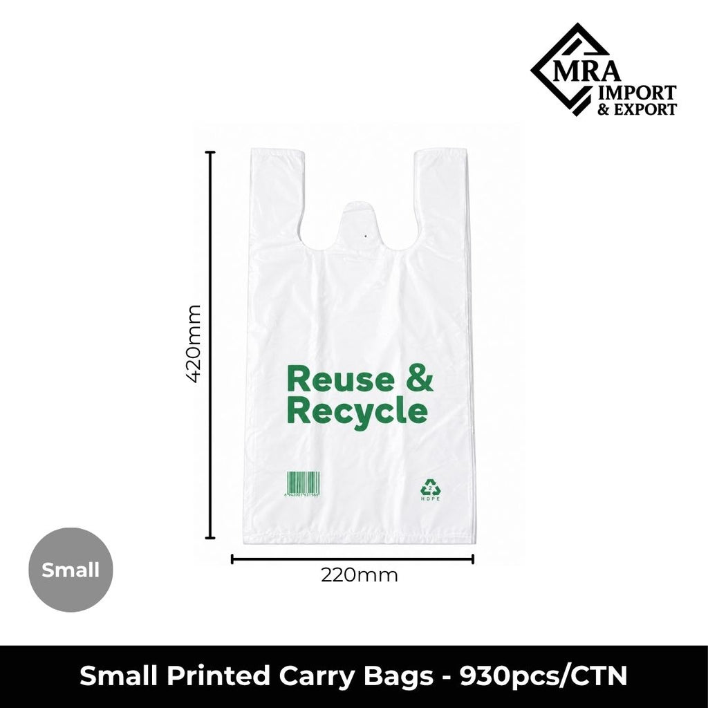 Small printed carry bags supplied in a bulk carton of 930 pieces for retail, takeaway and commercial use