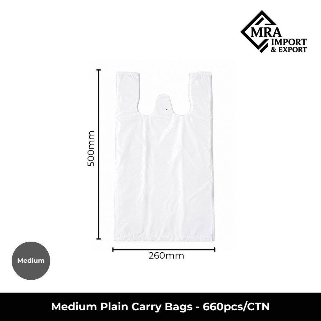 Medium white plain carry bags supplied in a bulk carton of 660 pieces for retail, takeaway and commercial use