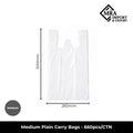 Medium white plain carry bags supplied in a bulk carton of 660 pieces for retail, takeaway and commercial use