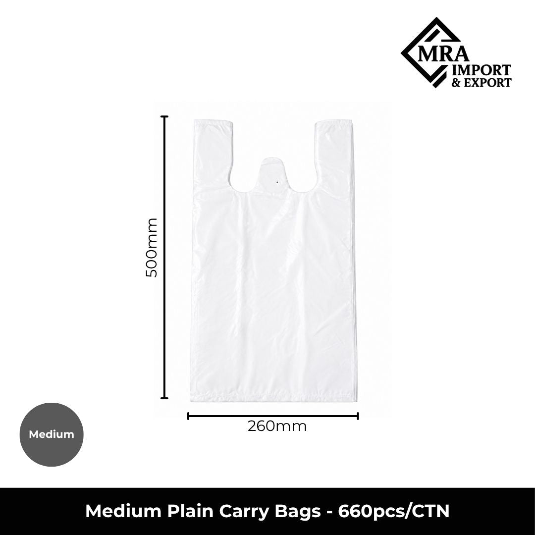 Medium white plain carry bags supplied in a bulk carton of 660 pieces for retail, takeaway and commercial use