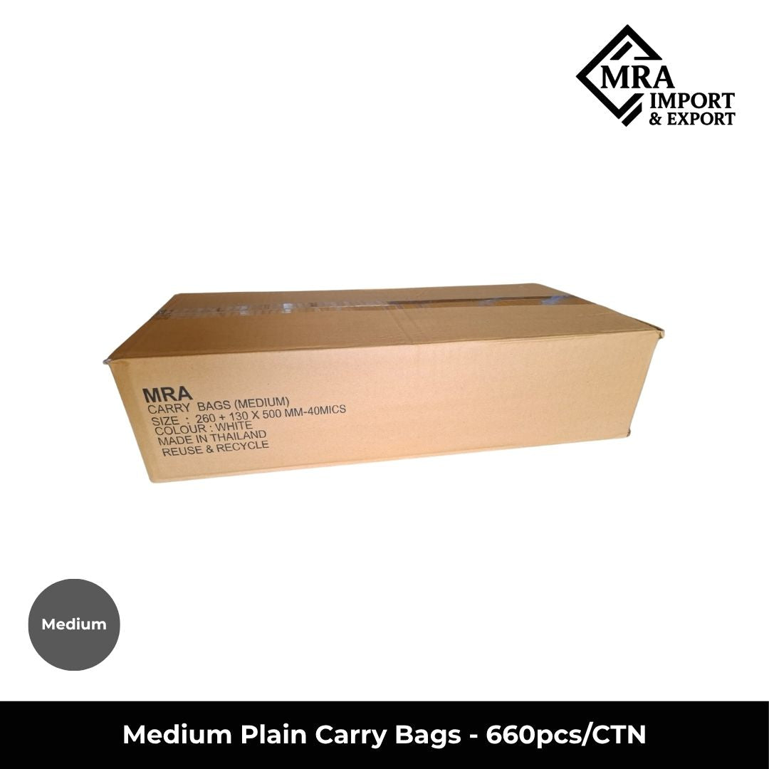 Medium white plain carry bags supplied in a bulk carton of 660 pieces for retail, takeaway and commercial use