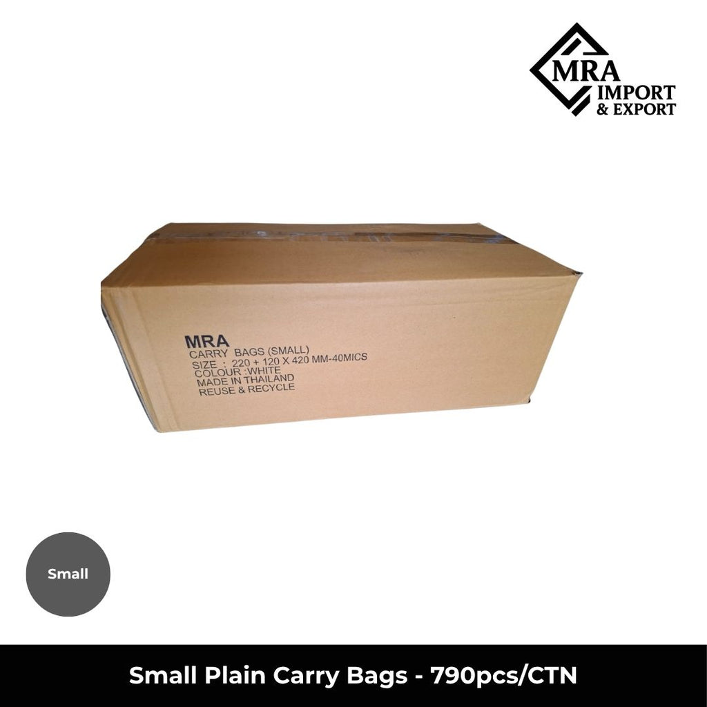 Small white plain carry bags supplied in a bulk carton of 790 pieces for retail, takeaway and commercial use