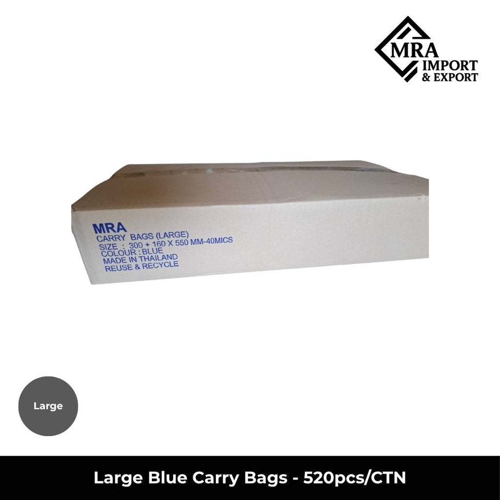 Large blue carry bags supplied in a bulk carton of 520 pieces for retail, takeaway and commercial use