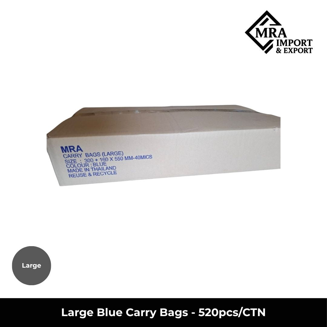 Large blue carry bags supplied in a bulk carton of 520 pieces for retail, takeaway and commercial use