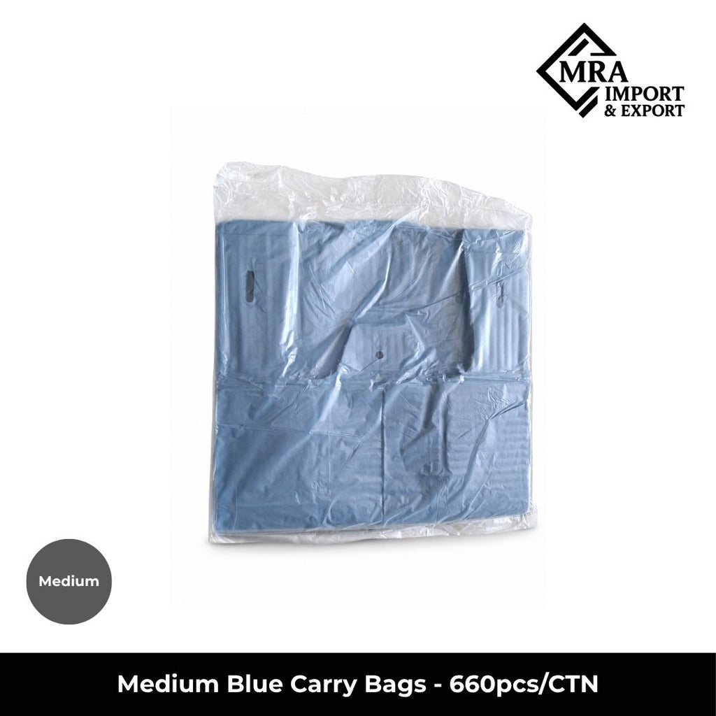 Medium blue carry bags supplied in a bulk carton of 660 pieces for retail, takeaway and commercial use