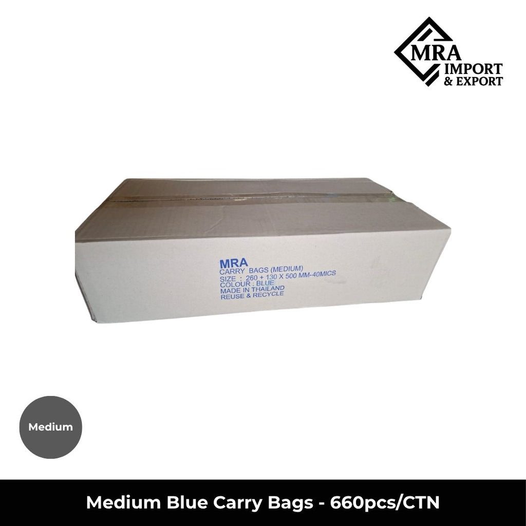 Medium blue carry bags supplied in a bulk carton of 660 pieces for retail, takeaway and commercial use