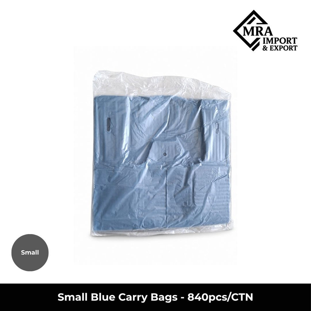 Small blue carry bags supplied in a bulk carton of 840 pieces for retail, takeaway and commercial use