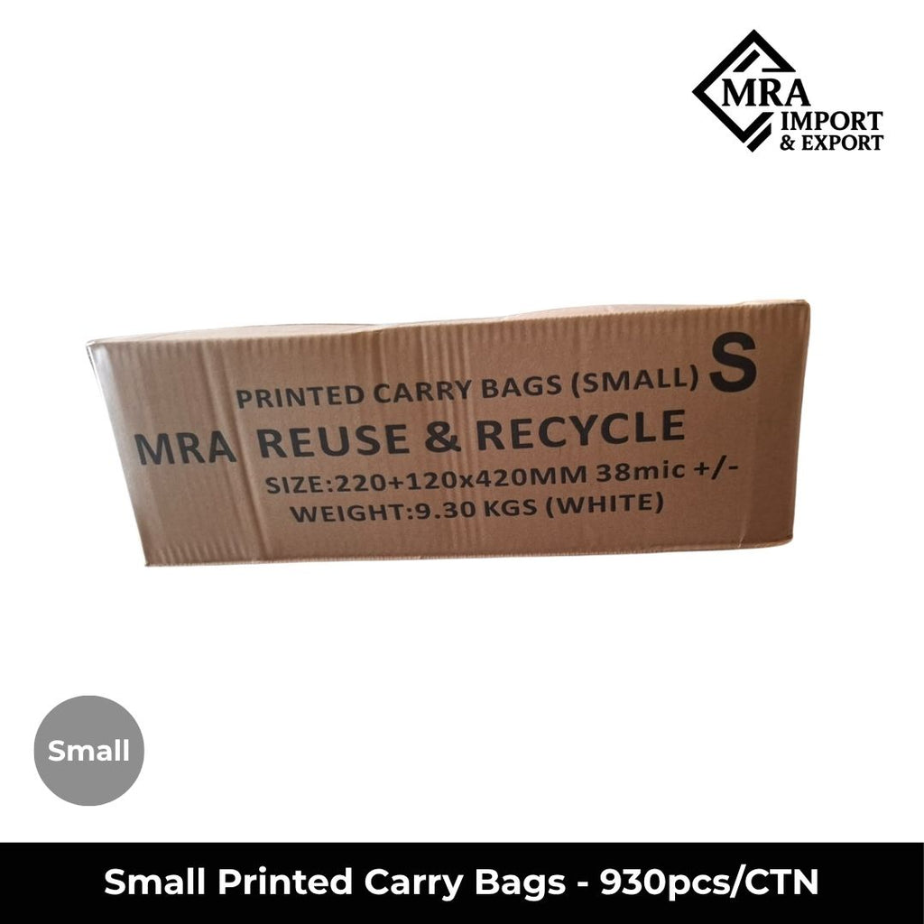 Small printed carry bags supplied in a bulk carton of 930 pieces for retail, takeaway and commercial use
