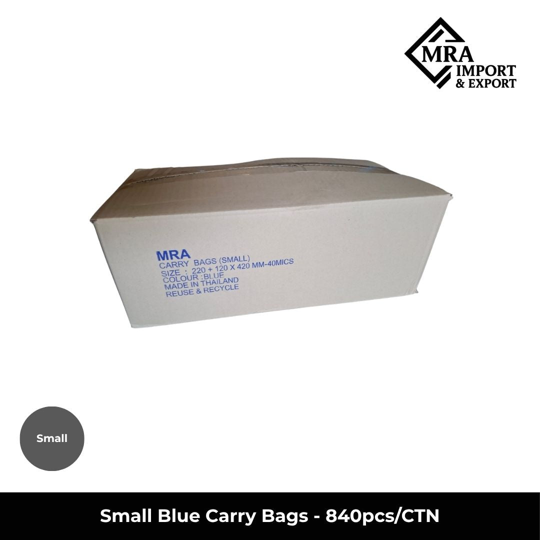 Small blue carry bags supplied in a bulk carton of 840 pieces for retail, takeaway and commercial use