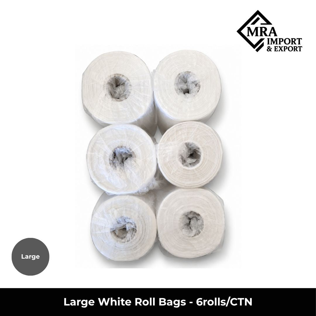 Large white roll bags, 17 micron, supplied in a bulk carton of 6 rolls for retail and commercial use