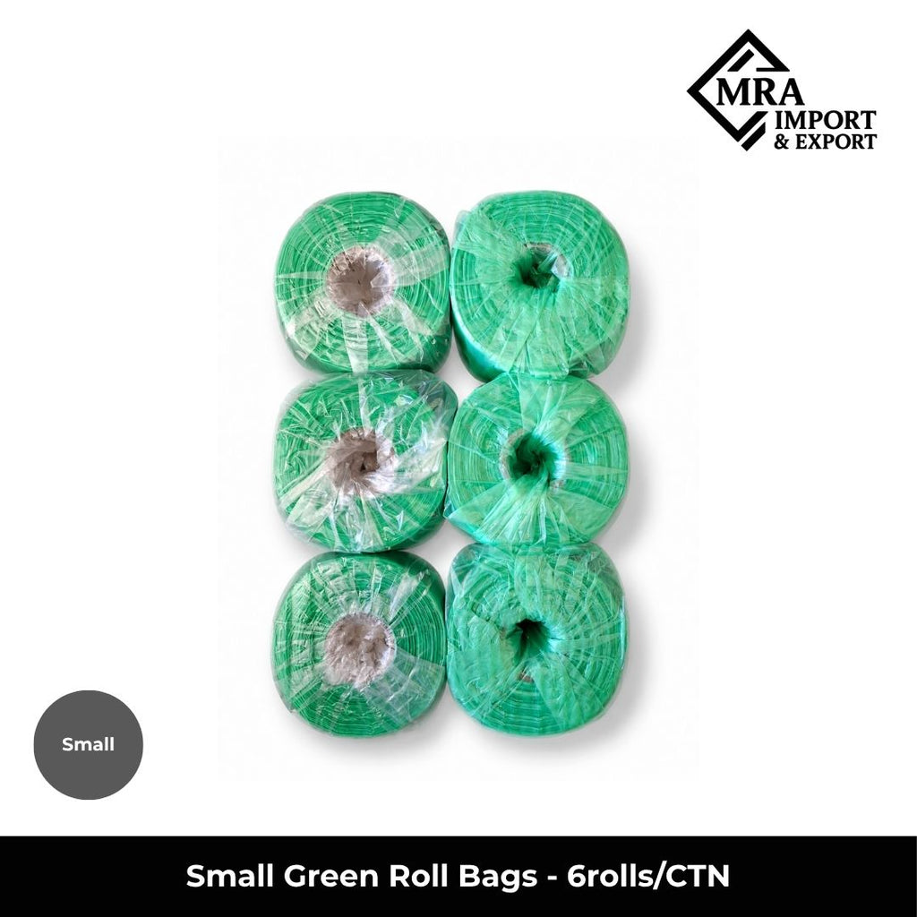 Small green roll bags, 10 micron, supplied in a bulk carton of 6 rolls for retail and commercial use