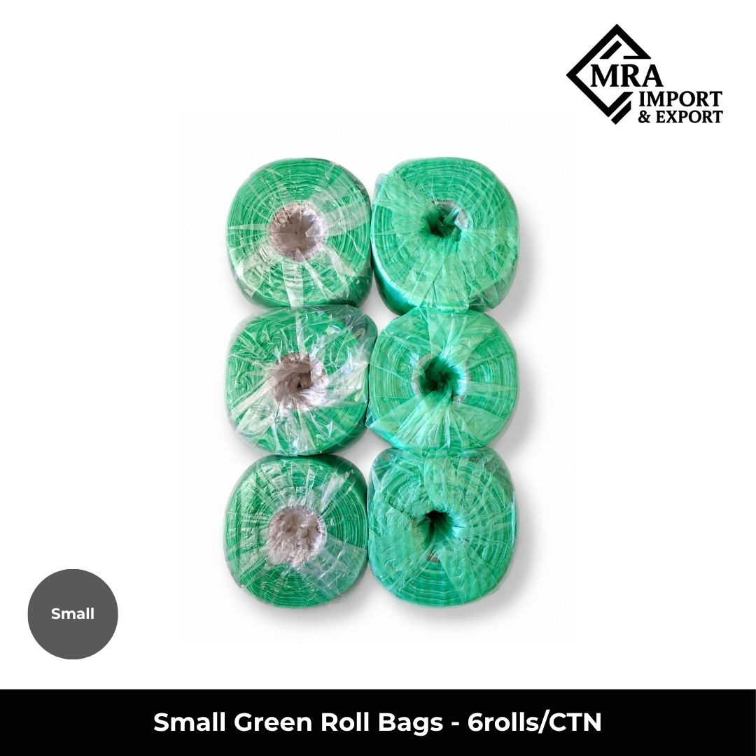 Small green roll bags, 10 micron, supplied in a bulk carton of 6 rolls for retail and commercial use
