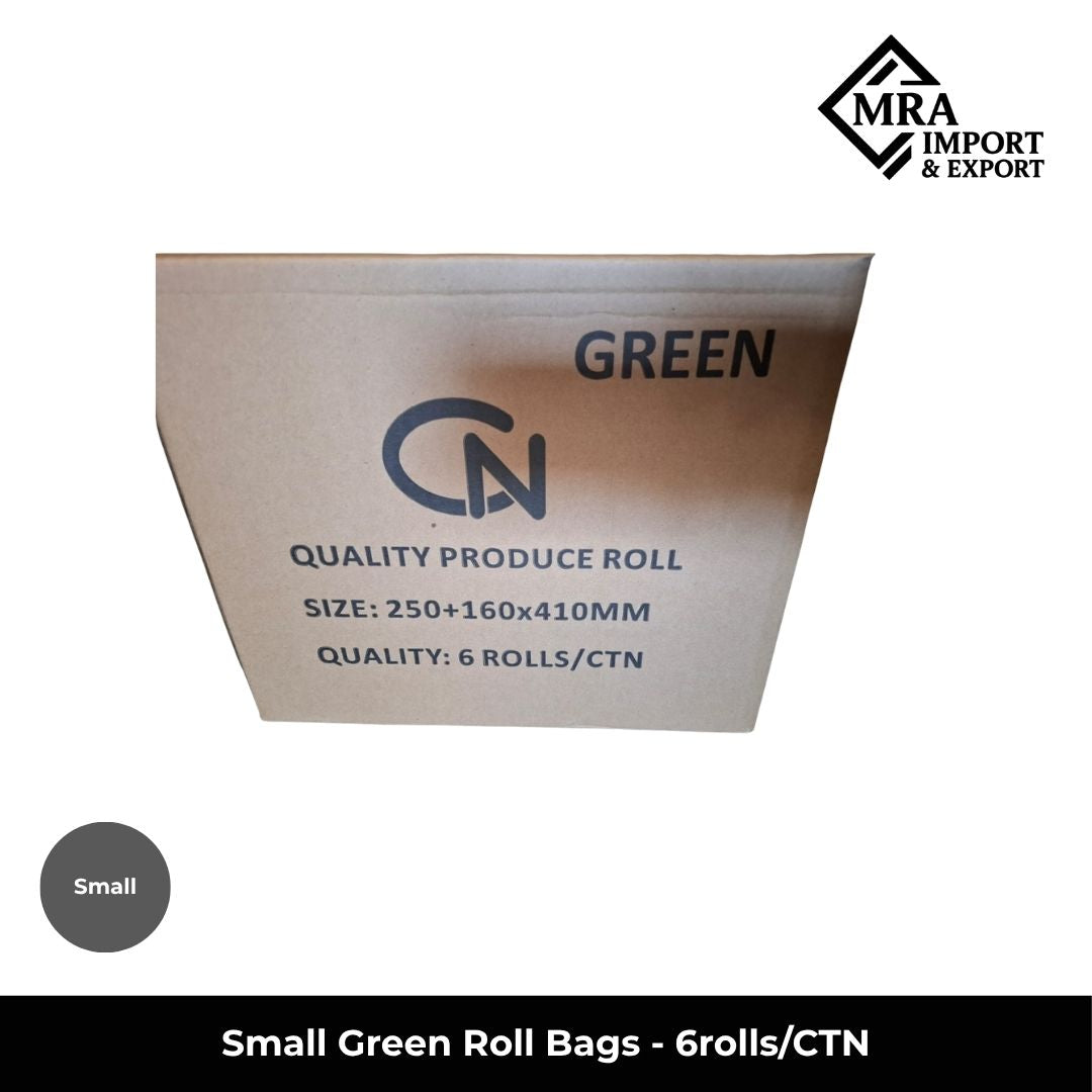 Small green roll bags, 10 micron, supplied in a bulk carton of 6 rolls for retail and commercial use