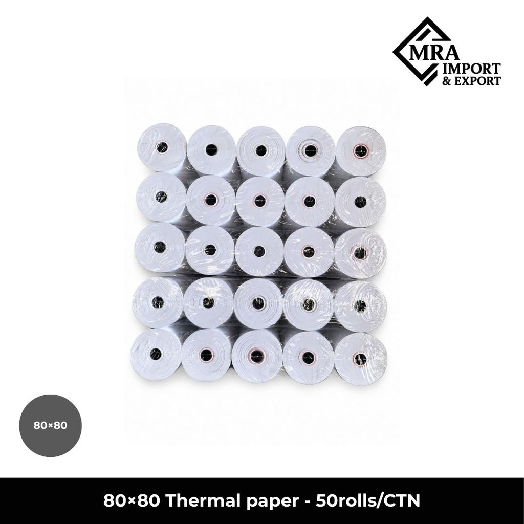 80×80mm thermal paper rolls supplied in a bulk carton of 50 rolls for commercial receipt and POS printing