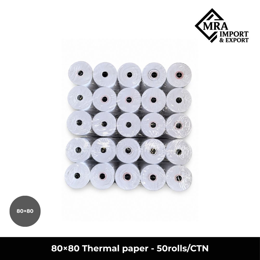 80×80mm thermal paper rolls supplied in a bulk carton of 50 rolls for commercial receipt and POS printing