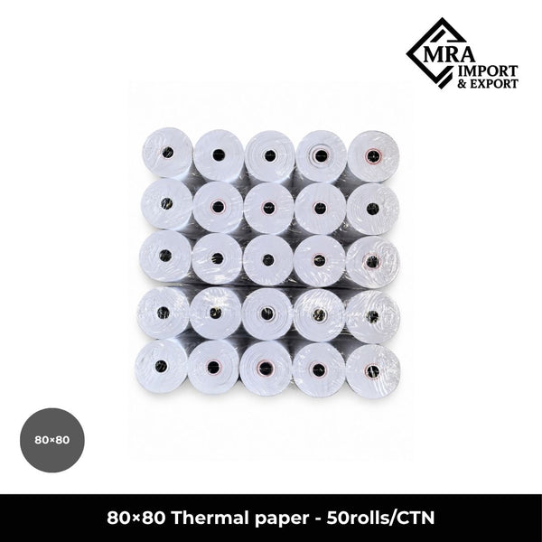 80×80mm thermal paper rolls supplied in a bulk carton of 50 rolls for commercial receipt and POS printing