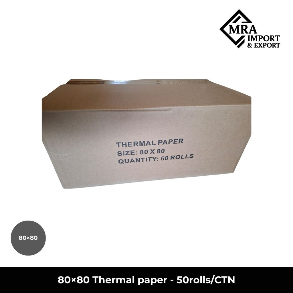 80×80mm thermal paper rolls supplied in a bulk carton of 50 rolls for commercial receipt and POS printing