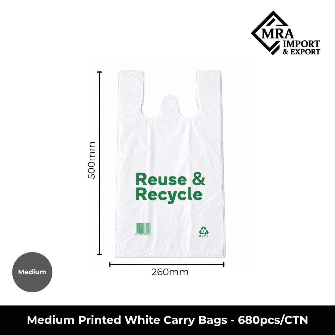 Medium printed white carry bags supplied in a bulk carton of 680 pieces for retail, takeaway and commercial use