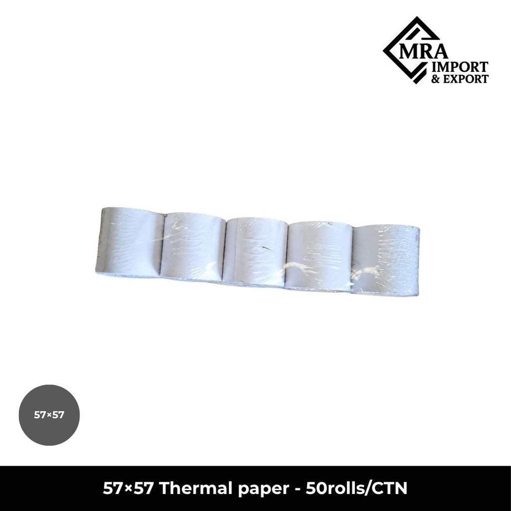 57×57mm thermal paper rolls supplied in a bulk carton of 50 rolls for commercial receipt printing