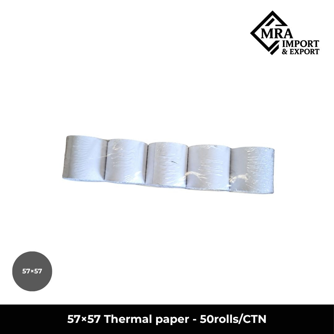 57×57mm thermal paper rolls supplied in a bulk carton of 50 rolls for commercial receipt printing