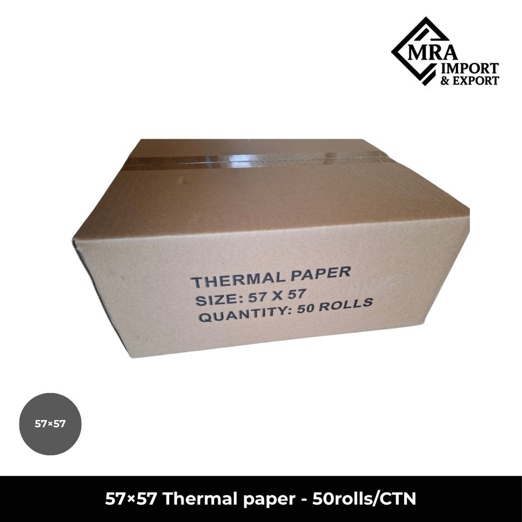 57×57mm thermal paper rolls supplied in a bulk carton of 50 rolls for commercial receipt printing