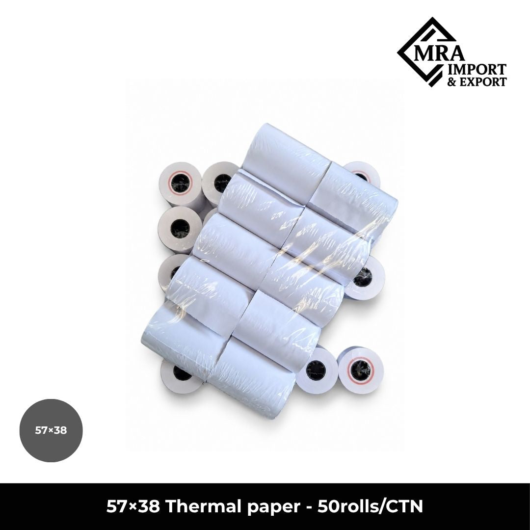 57×38mm thermal paper rolls supplied in a bulk carton of 50 rolls for commercial receipt printing