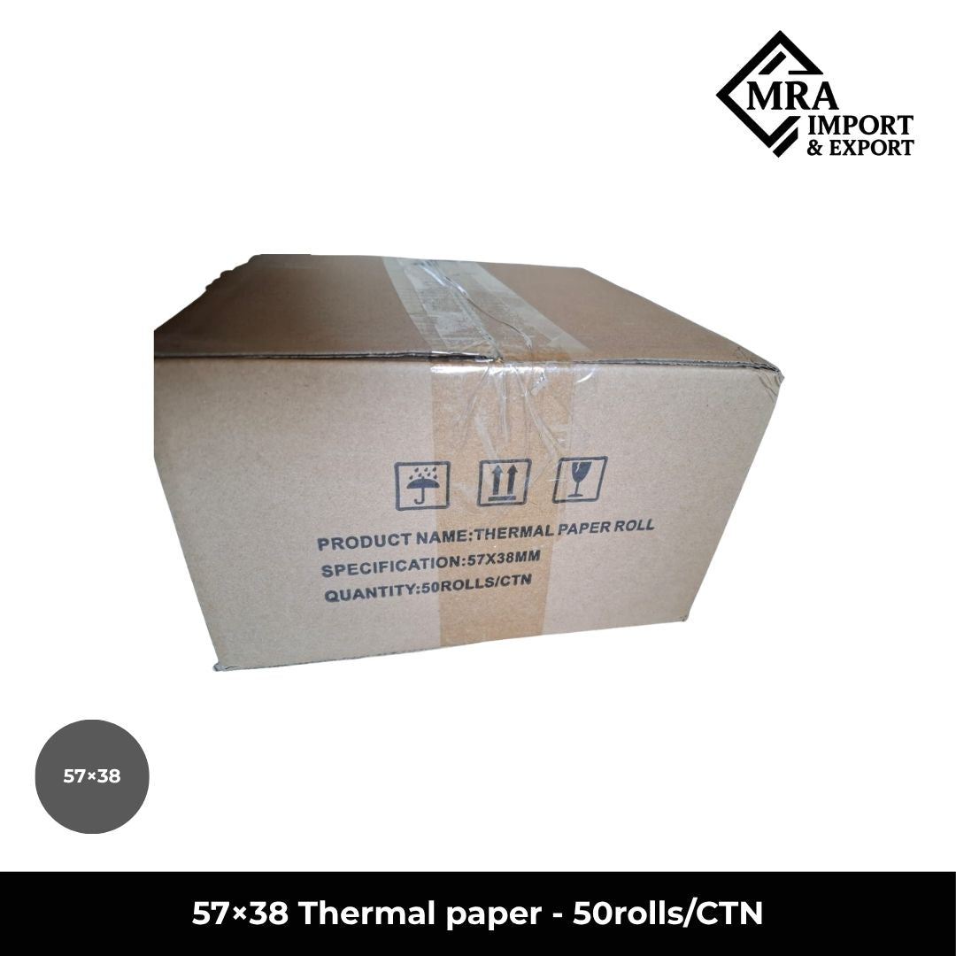 57×38mm thermal paper rolls supplied in a bulk carton of 50 rolls for commercial receipt printing