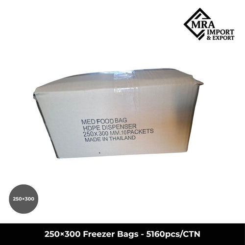 A white cardboard box labeled 'MED FOOD BAG HDPE DISPENSER 250X300 MM/10 PACKETS MADE IN THAILAND' on a white background, with an MRA Import & Export logo in the top right and text at the bottom stating '250x300 Freezer Bags - 5160pcs/CTN'.