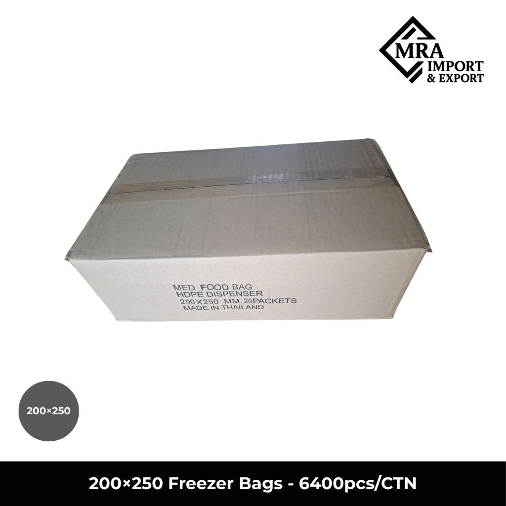 200×250mm freezer bags in bulk carton of 6,400 pieces for commercial food storage in Australia