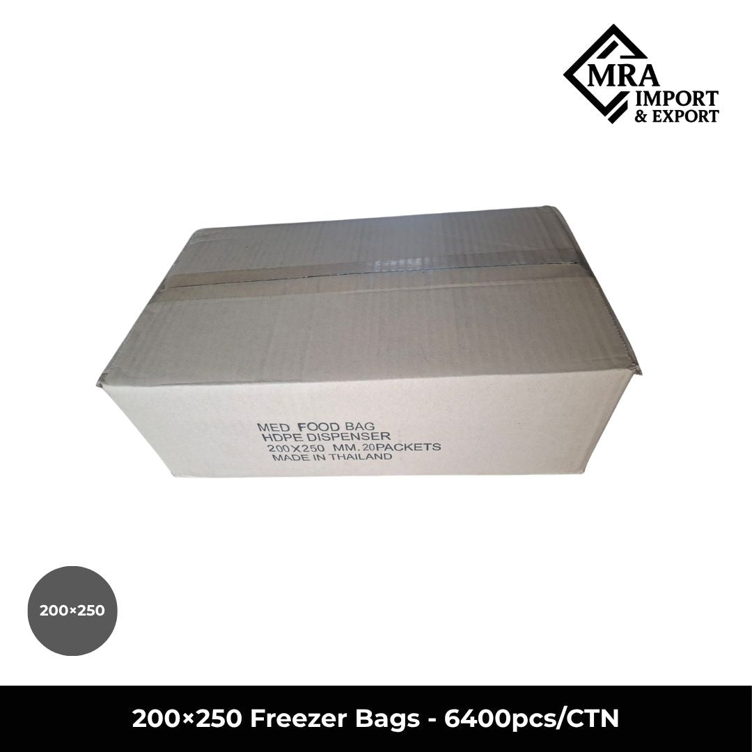 200×250mm freezer bags in bulk carton of 6,400 pieces for commercial food storage in Australia