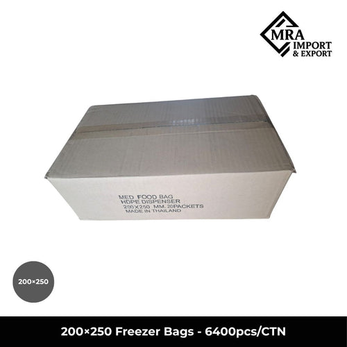 200×250mm freezer bags in bulk carton of 6,400 pieces for commercial food storage in Australia
