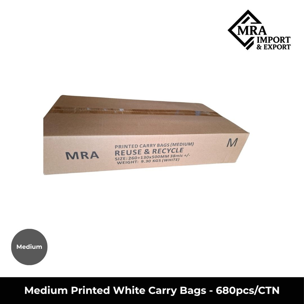 Medium printed white carry bags supplied in a bulk carton of 680 pieces for retail, takeaway and commercial use