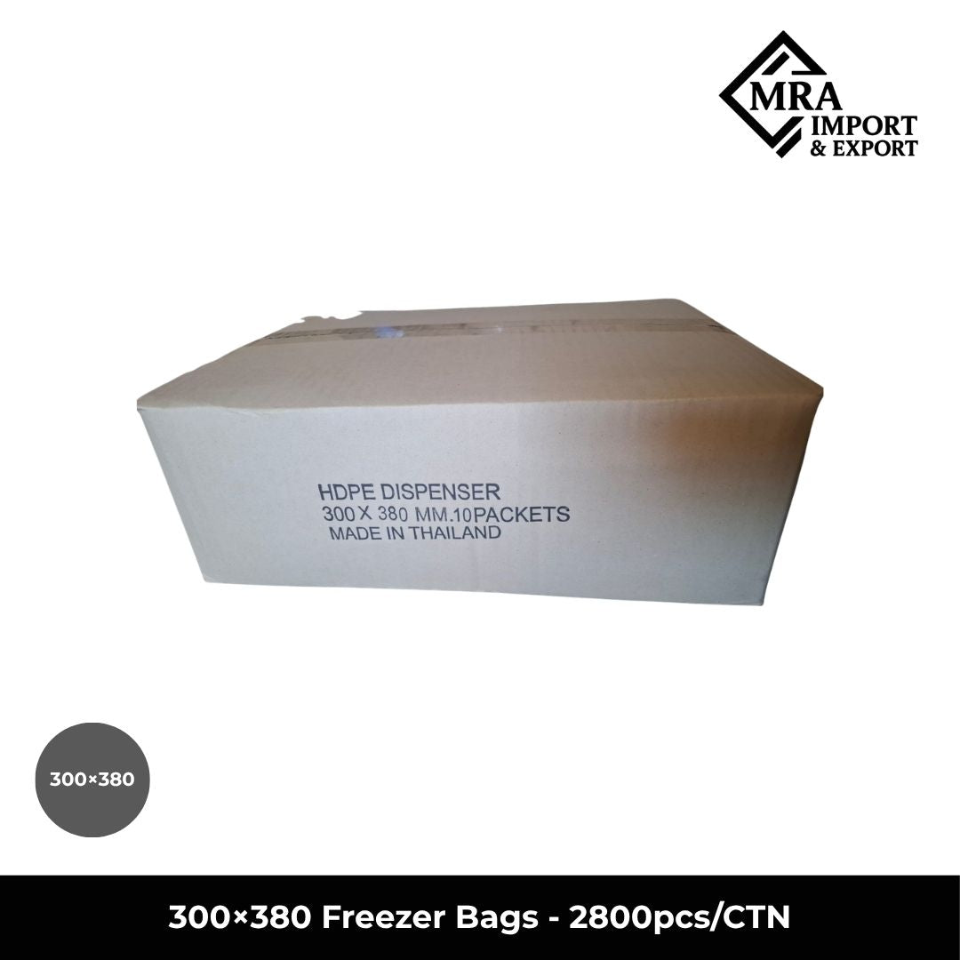 A light brown cardboard box labeled 'HDPE DISPENSER 300x380 MM-10 PACKETS MADE IN THAILAND' on a white background, with an MRA Import & Export logo in the top right and a black text banner at the bottom reading '300x380 Freezer Bags - 2800pcs/CTN'.