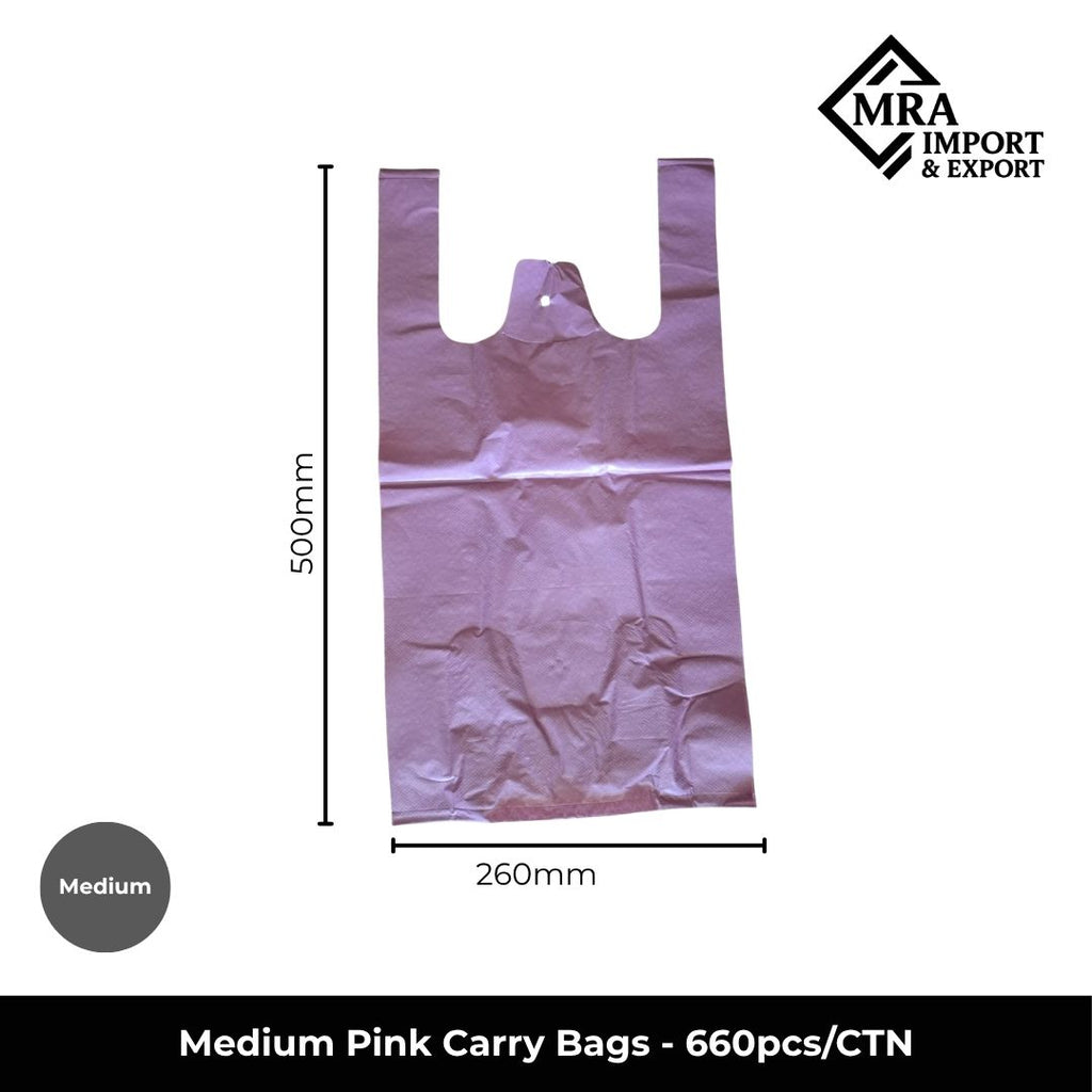 Medium pink carry bags supplied in a bulk carton of 660 pieces for retail, takeaway and commercial use