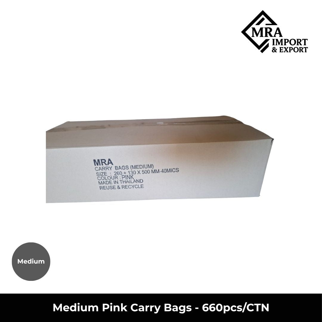 Medium pink carry bags supplied in a bulk carton of 660 pieces for retail, takeaway and commercial use