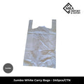 Jumbo white carry bags, 60 micron, supplied in a bulk carton of 240 pieces for retail and commercial use