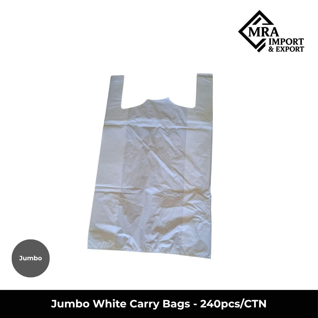 Jumbo white carry bags, 60 micron, supplied in a bulk carton of 240 pieces for retail and commercial use