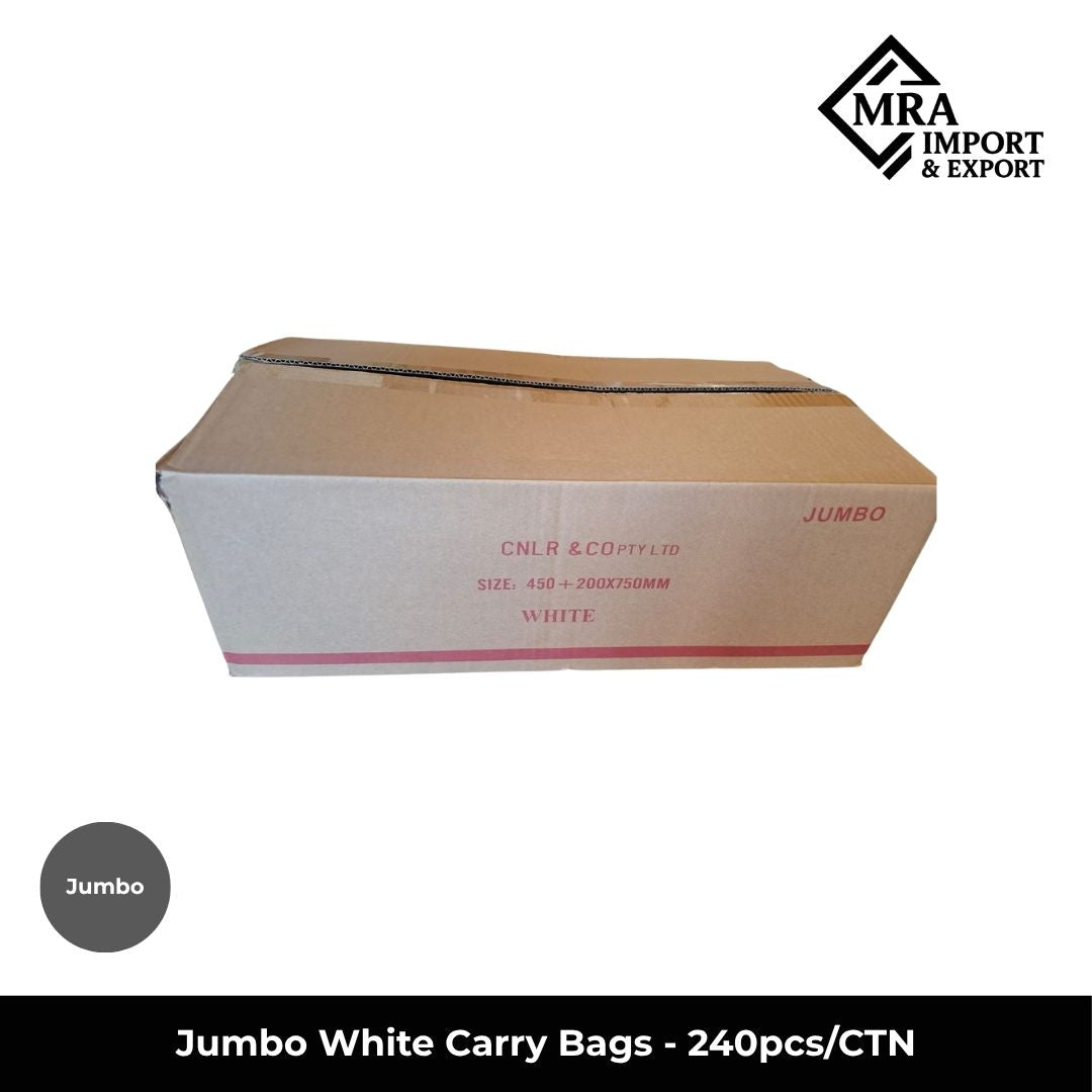 Jumbo white carry bags, 60 micron, supplied in a bulk carton of 240 pieces for retail and commercial use