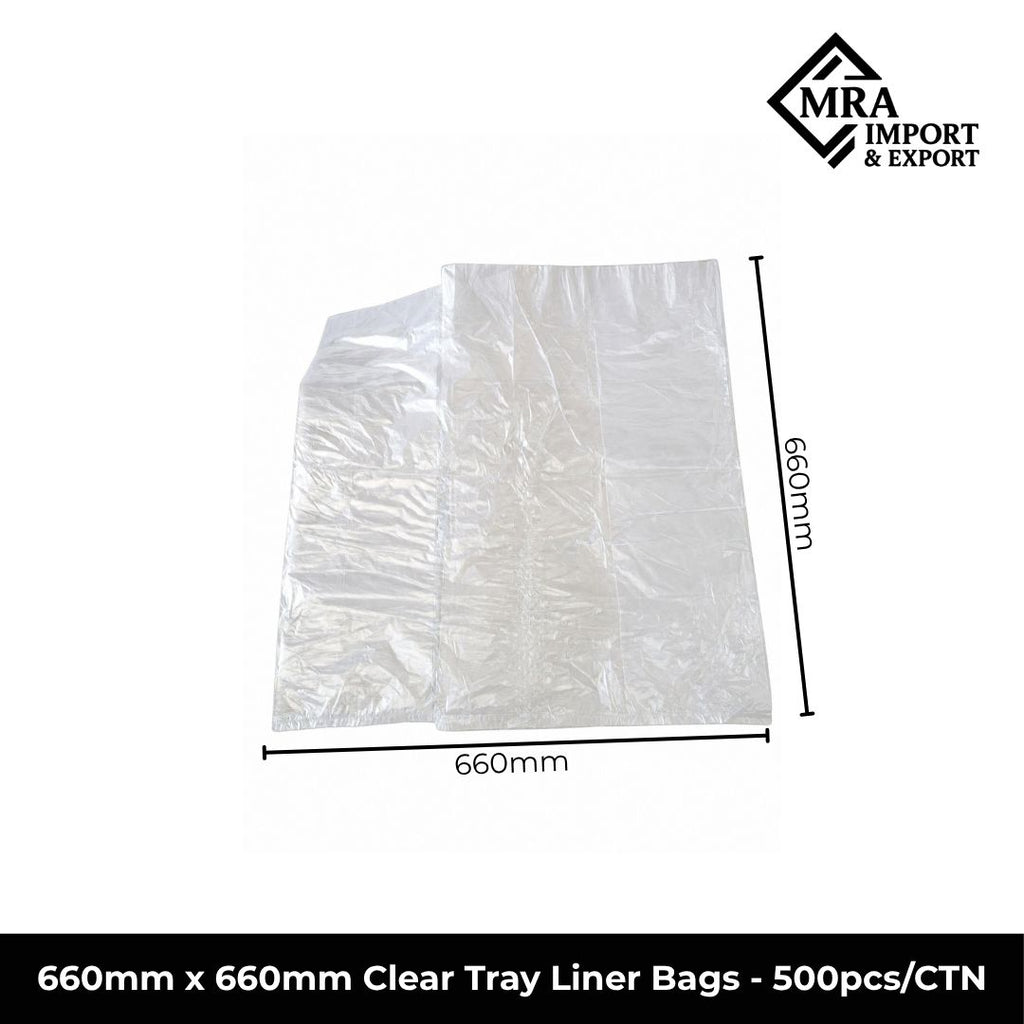 660×660mm clear tray liner bags, 17 micron, supplied in a bulk carton of 500 pieces for commercial use