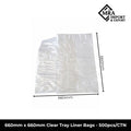 660×660mm clear tray liner bags, 17 micron, supplied in a bulk carton of 500 pieces for commercial use