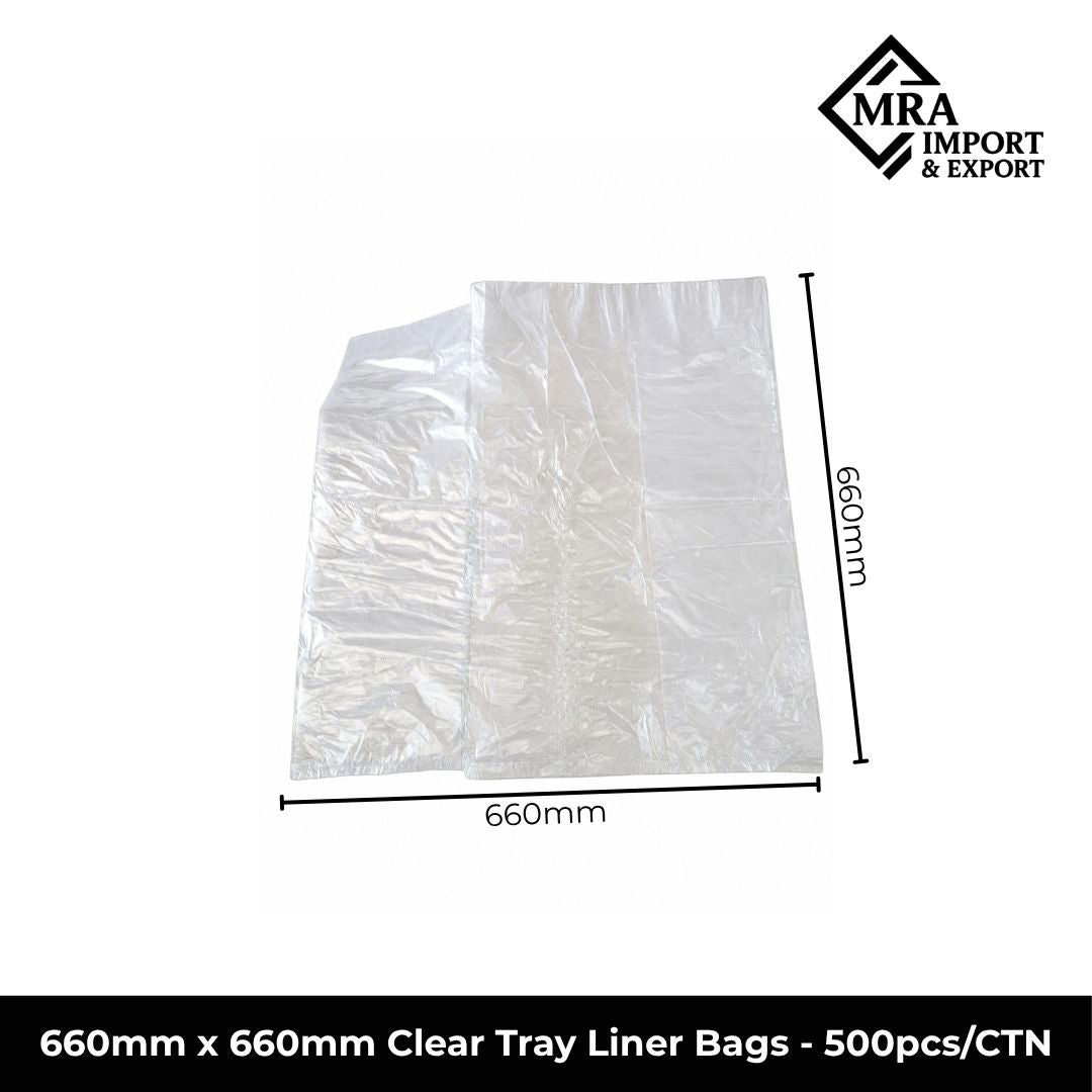 660×660mm clear tray liner bags, 17 micron, supplied in a bulk carton of 500 pieces for commercial use